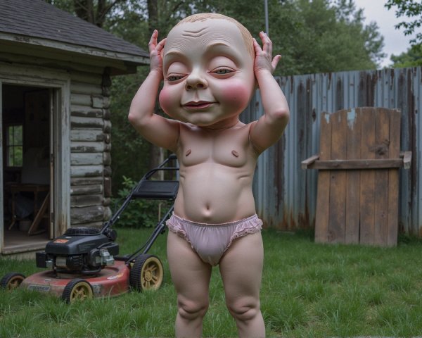 Cartoonish Baby Figure in Grassy Area with Cabin