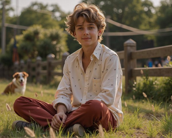 Young boy smiling in grassy field with dog nearby