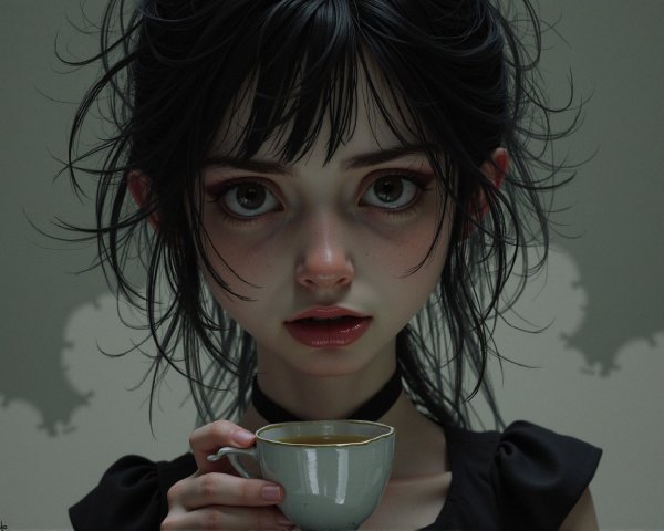 Young girl with expressive eyes in black dress holding cup