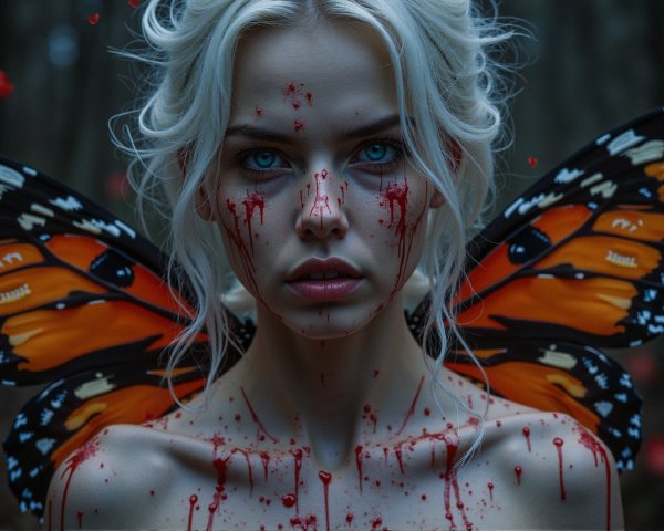 Haunting Figure with Butterfly Wings in Dark Forest