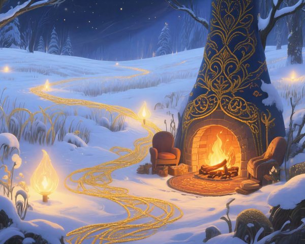 Whimsical Winter Landscape with Ornate Fireplace