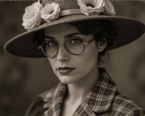 Elegant Woman in Wide-Brimmed Hat and Round Glasses