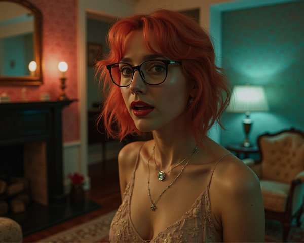 Young woman with orange hair in vintage decor setting