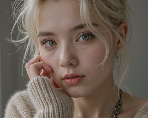 Young person with light blonde hair and green eyes