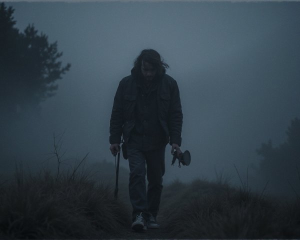 Solitary Figure on a Misty Path with Cane and Megaphone