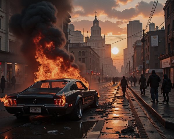 Vintage Car on Fire Against City Skyline at Sunset
