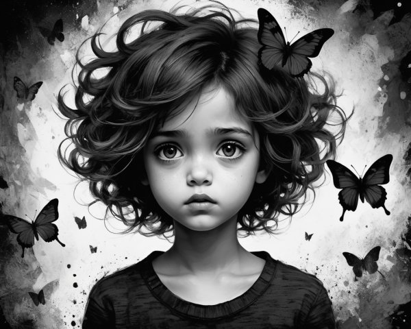 Young girl with large eyes and curly hair in black and white