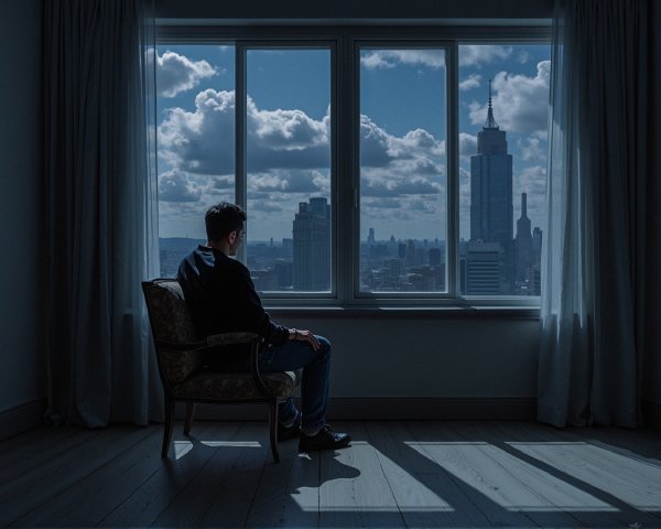 Solitary Figure in Vintage Chair Overlooking Cityscape