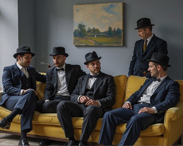Five Men in Vintage Suits on Yellow Couch