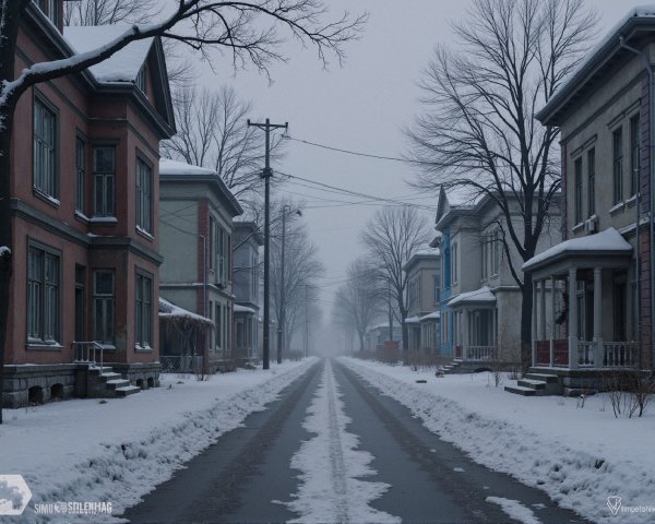 Vintage-style houses on a snowy, foggy street