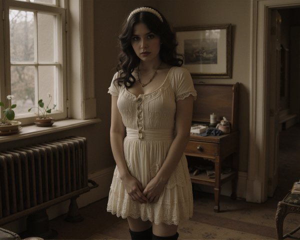 Young woman in vintage dress in softly lit room