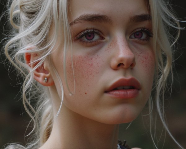 Close-Up Portrait of a Young Woman with Lavender Eyes