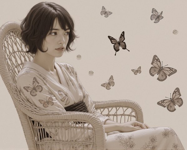 Serene Woman in Kimono Surrounded by Butterflies