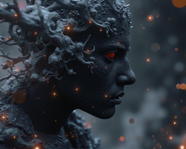 Sculpture of a figure with textured hair and red eyes