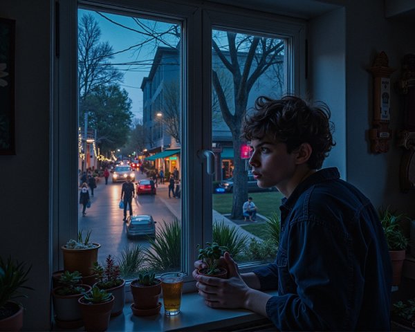 Thoughtful Young Person Gazing Out at Dusk Scene