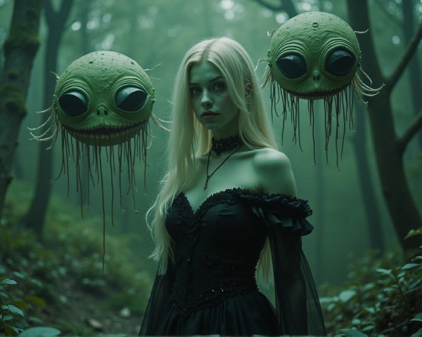 Misty Woodland Scene with Woman and Whimsical Creatures
