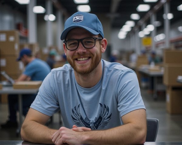 Young man in industrial workspace with cardboard boxes