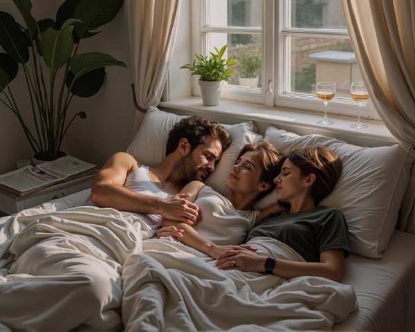 Cozy Bedroom Scene with Cuddling Friends and Plants