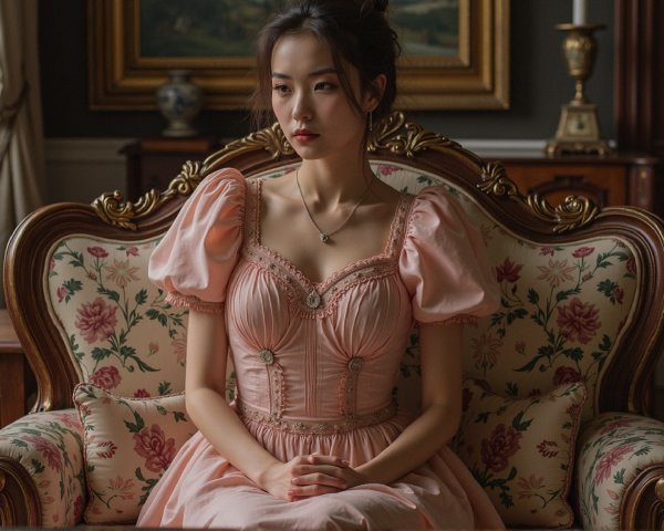 Young Woman in Elegant Pink Gown on Floral Sofa