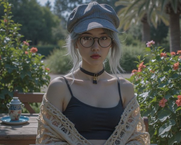 Young woman with silver hair in a flower garden