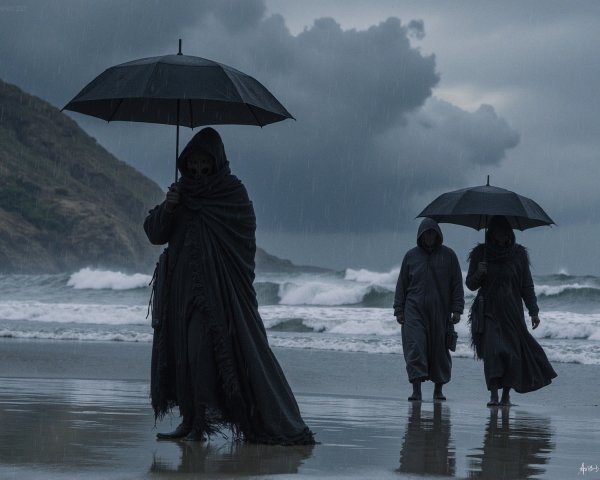 Figures in Cloaks Walking on Rainy Beach