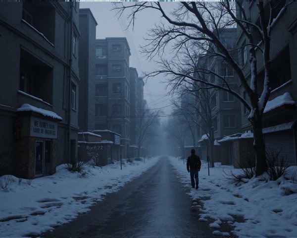 Solitary Figure on a Snowy, Foggy Street Scene