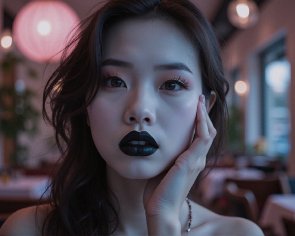 Woman with bold makeup in moody lighting setting