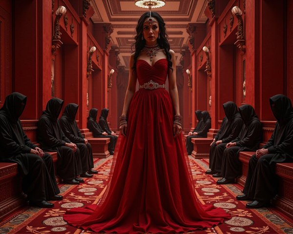 Elegant Woman in Red Gown in Opulent Hall