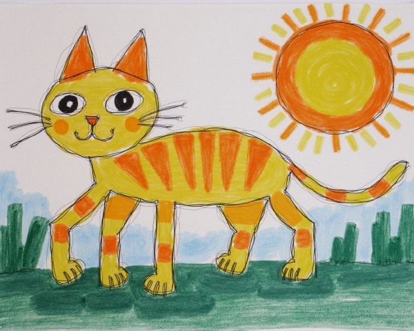 Colorful Cartoon Drawing of a Yellow Cat in Nature
