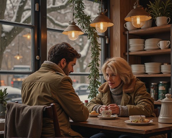 Cozy Winter Café Scene with Heartfelt Conversation
