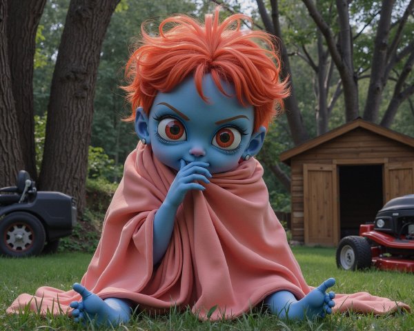 Animated Character with Orange Hair on Grassy Lawn