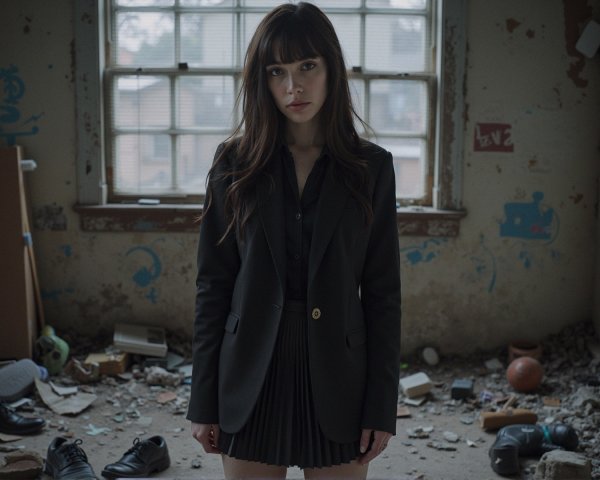 Young Woman in Blazer in Abandoned Room Setting