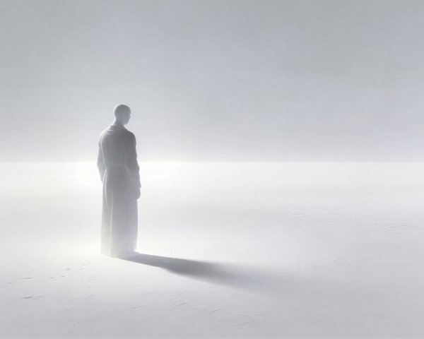 Solitary Figure in Expansive White Landscape