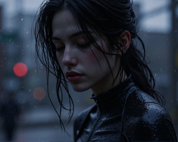 Young Woman in Urban Setting with Rainy Atmosphere