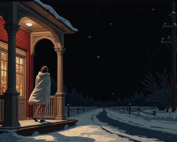 Cozy Winter Scene of a Woman on a Porch