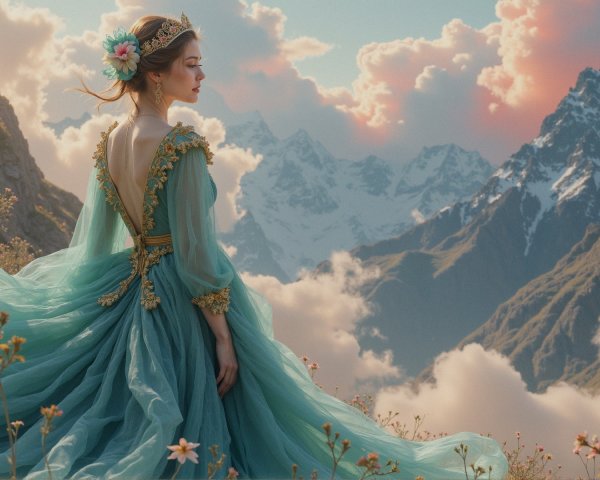 Young woman in turquoise gown with mountain backdrop
