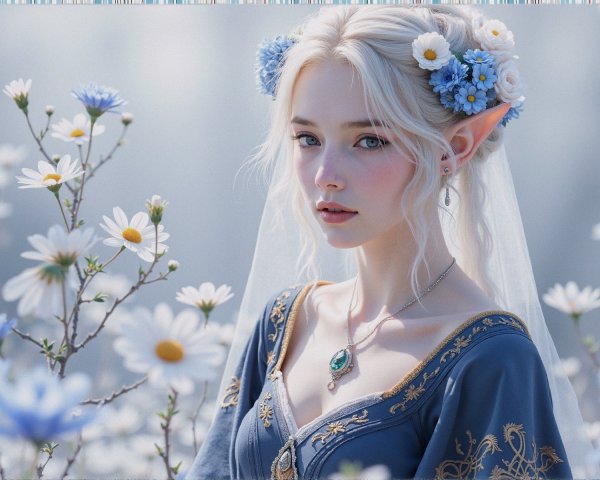 Young Woman in Blue Gown Surrounded by Daisies