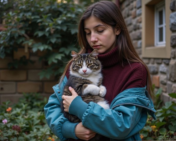 Young Woman in Garden with Tabby Cat and Stone Walls