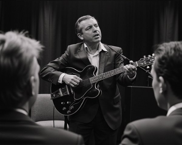 Man in Suit Performing Emotionally with Acoustic Guitar