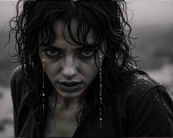 Close-up of a woman with wet hair and amber eyes