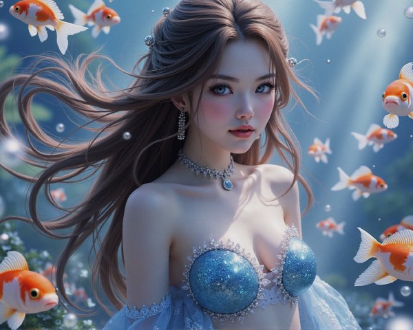 Young Woman Underwater with Goldfish and Pearls
