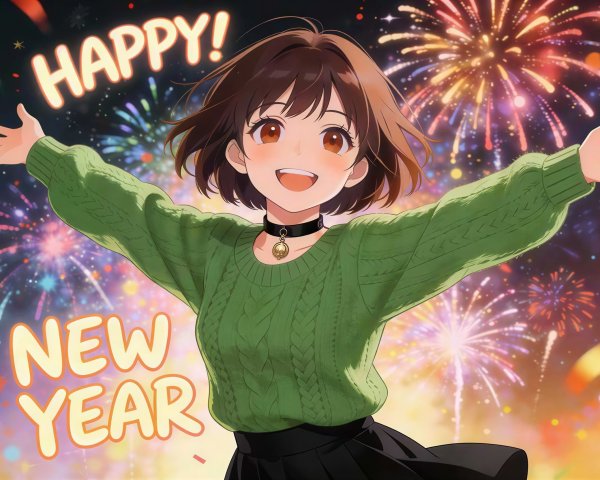 Anime Girl Celebrating New Year with Fireworks Background