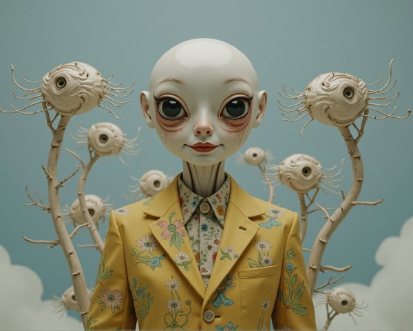 Humanoid Figure in Yellow Suit with Surreal Plants