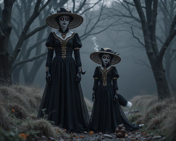 Mysterious Figures in Elegant Dark Gowns in Foggy Forest