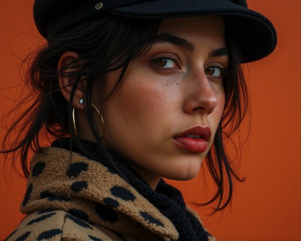 Young woman with dark hair and spotted coat portrait