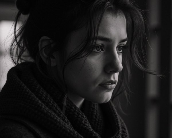 Close-up of a Young Woman in Contemplative Profile