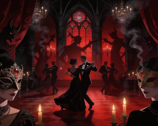 Elegant Ballroom Dance in Gothic Setting with Shadows