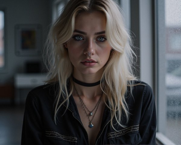 Portrait of a young woman with blue eyes and wavy hair