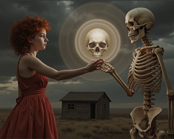 Surreal Exchange Between Woman and Skeleton in Landscape