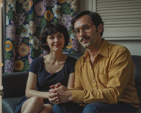 Couple Posing on Sofa with Floral Curtains Background
